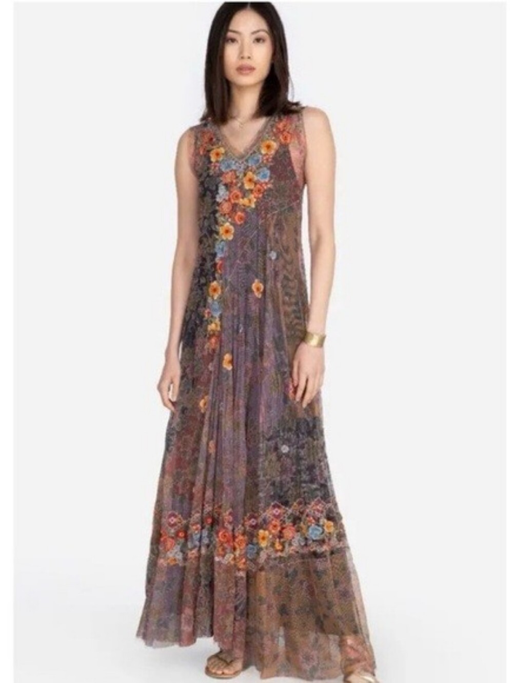 Biya Johnny Was Rare Merkava Embroidered Mesh Maxi Dress Boho Floral Festival M